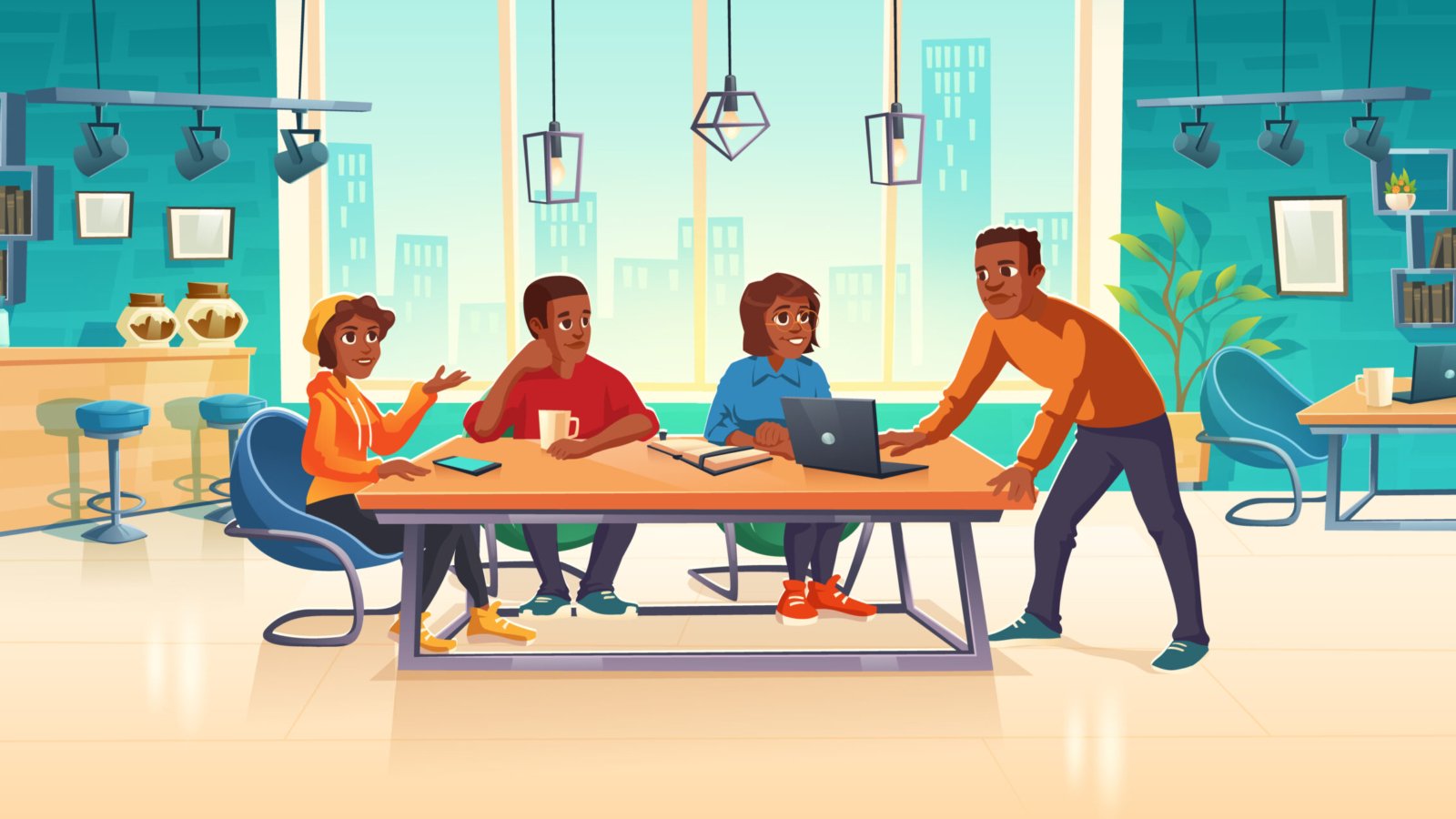 People in coworking area think business idea or develop art project, teamwork, brainstorm concept. Relaxed creative team sitting at desk on armchairs in working space, Cartoon vector illustration